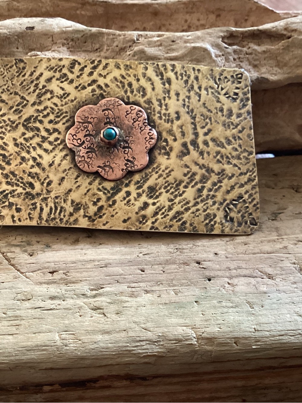 Hammered Brass and Copper Belt Buckle with Flower and Turquoise Accent -